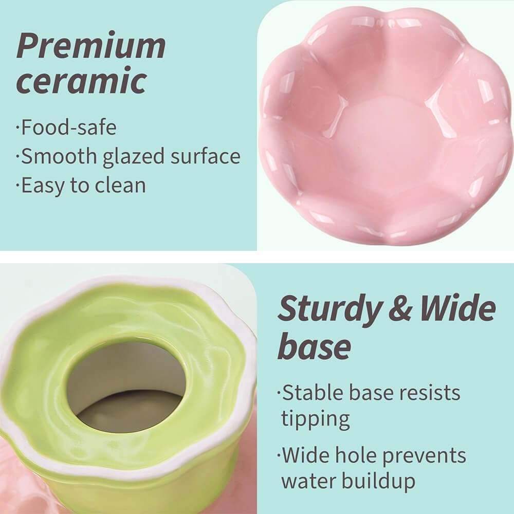 Ceramic Raised Cat Bowl Shallow Wide, Anti-Vomiting And Whisker Fatigue, Non-Slip, Tilted Cute Flower Cat Food And Water Bowls For Indoor Cats, Pink