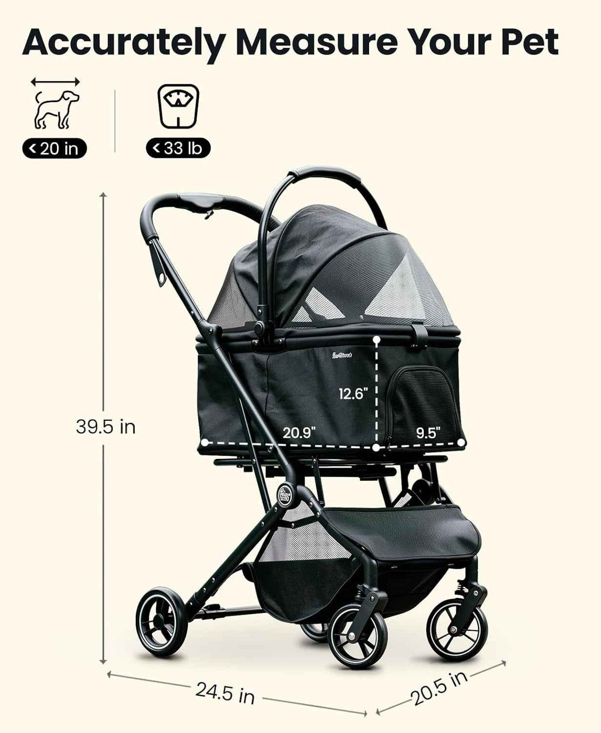 4-Wheel Foldable Pet Stroller – Removable Carrier, 33lb