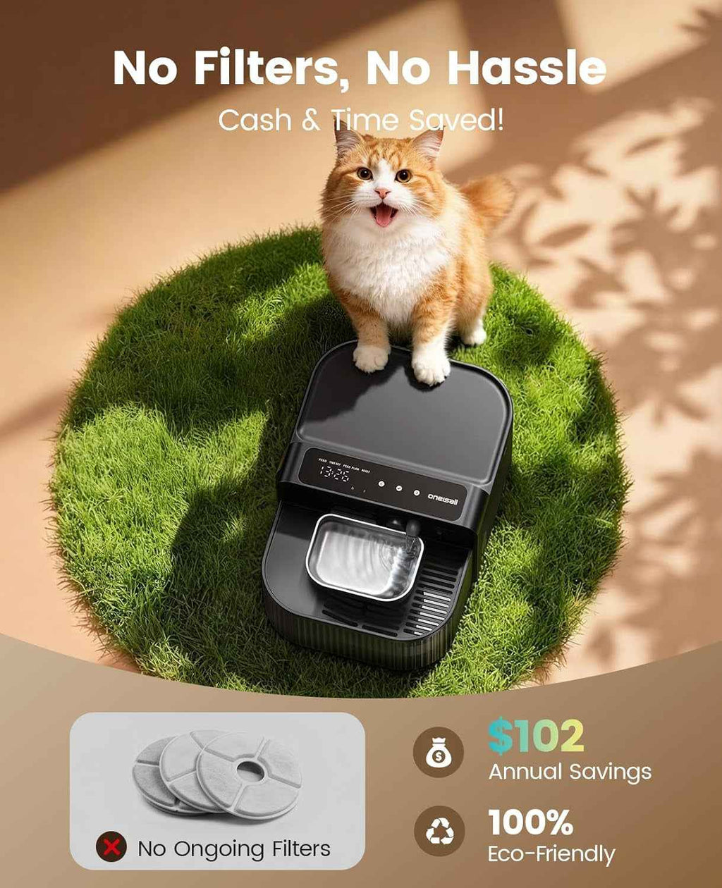 Wireless Filterless Cat Water Fountain 3.5L Stainless Steel