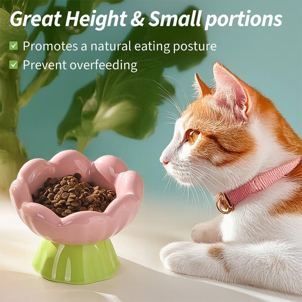 Ceramic Raised Cat Bowl Shallow Wide, Anti-Vomiting And Whisker Fatigue, Non-Slip, Tilted Cute Flower Cat Food And Water Bowls For Indoor Cats, Pink