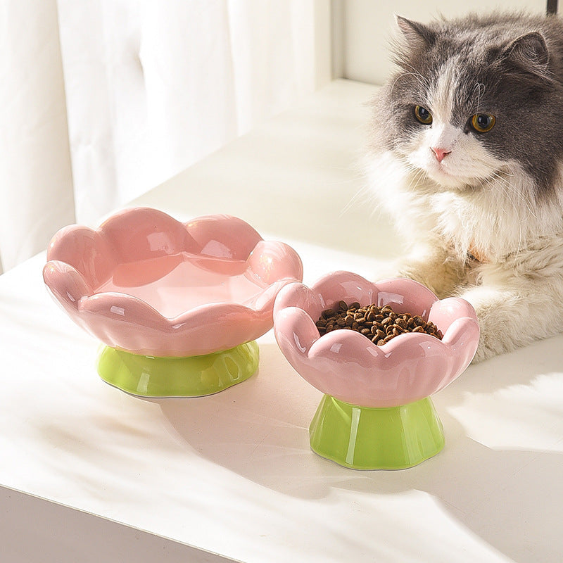 Ceramic Raised Cat Bowl Shallow Wide, Anti-Vomiting And Whisker Fatigue, Non-Slip, Tilted Cute Flower Cat Food And Water Bowls For Indoor Cats, Pink