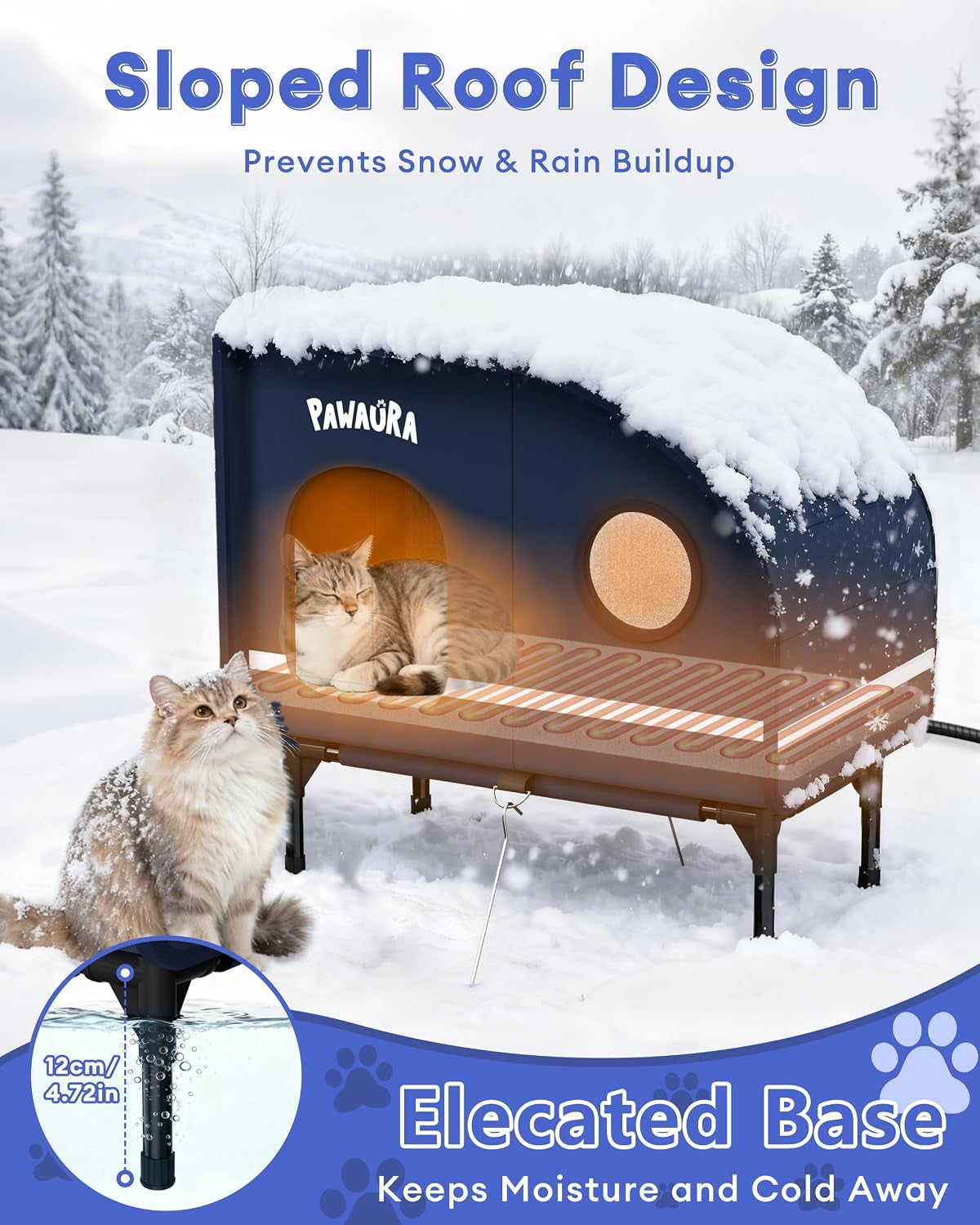 Weatherproof Heated Cat House – Insulated, Dark Blue, L
