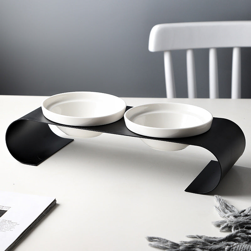 Double Bowl Dog Bowl Iron Frame Protect Spine Ceramic Bowl Set