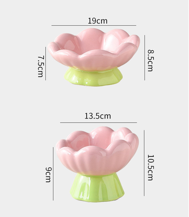 Ceramic Raised Cat Bowl Shallow Wide, Anti-Vomiting And Whisker Fatigue, Non-Slip, Tilted Cute Flower Cat Food And Water Bowls For Indoor Cats, Pink