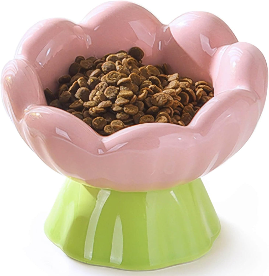Ceramic Raised Cat Bowl Shallow Wide, Anti-Vomiting And Whisker Fatigue, Non-Slip, Tilted Cute Flower Cat Food And Water Bowls For Indoor Cats, Pink