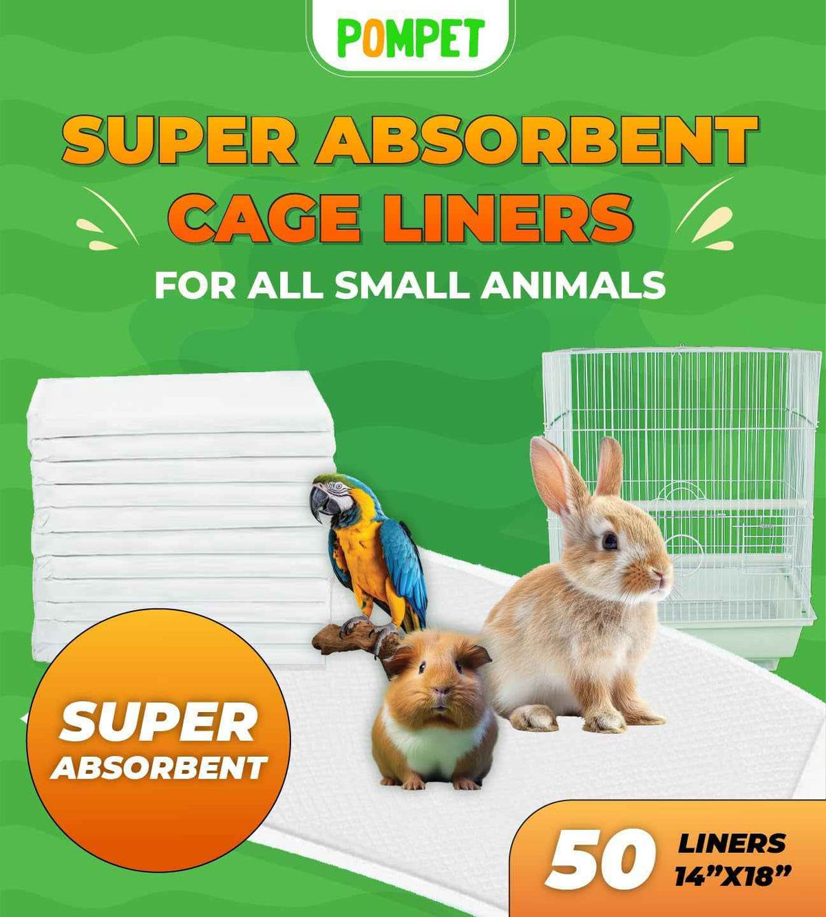 Guinea Pig Cage Liners – 50 Pack, 14x18 Absorbent