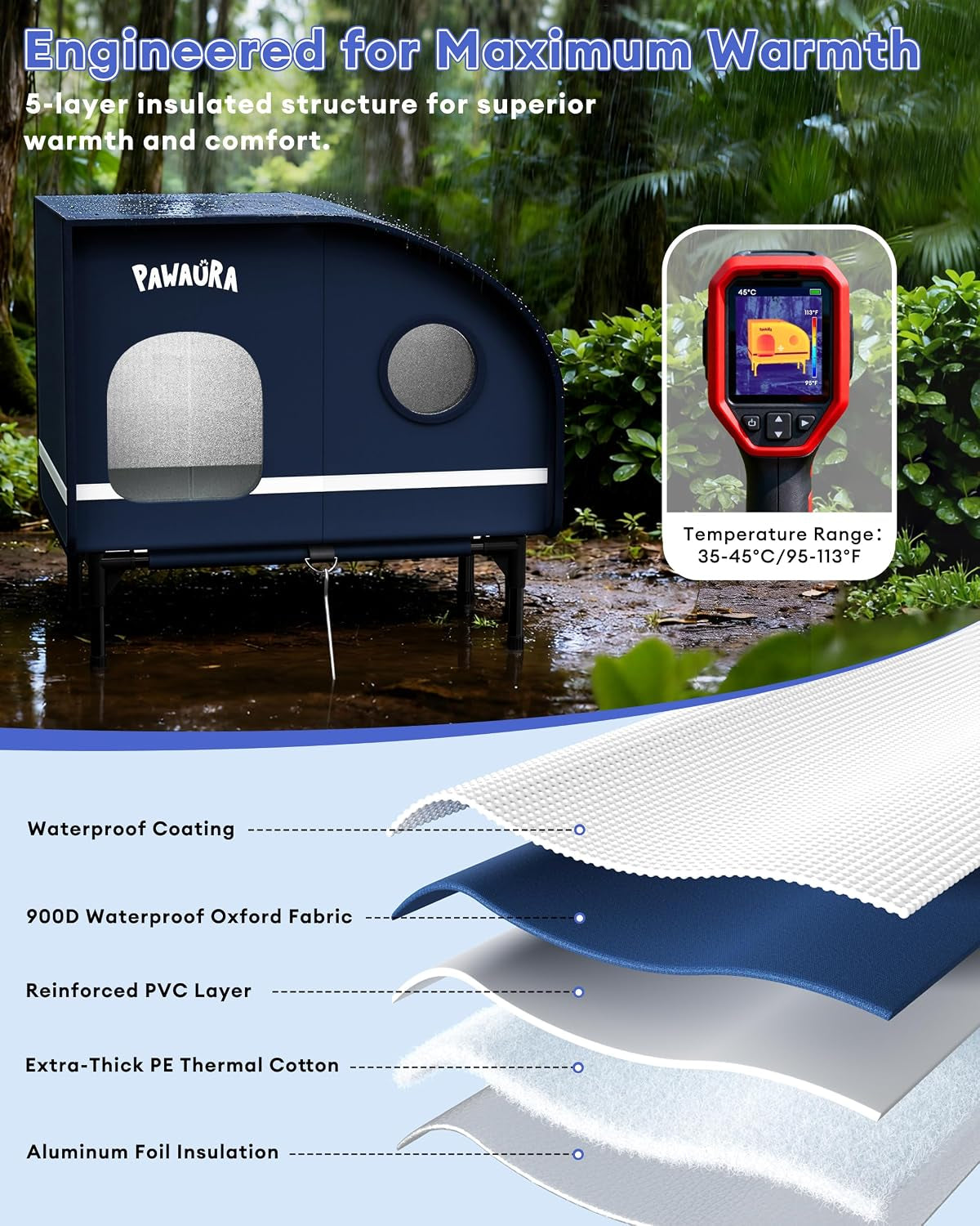 Weatherproof Heated Cat House – Insulated, Dark Blue, L