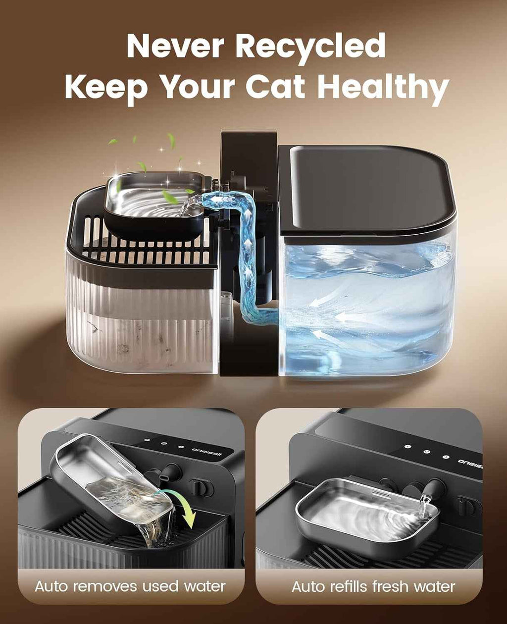Wireless Filterless Cat Water Fountain 3.5L Stainless Steel