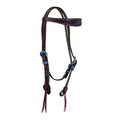 2800-FEATHER 1-1/2" Contour browband headstall chocolate leather multicolored feather tooled with buckstitch, Spanish lace hardware, and loops
