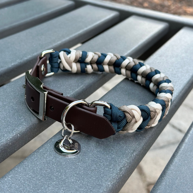 Coiled Charm Hand Braided Dog Collar in Navy, Tan, & Cream