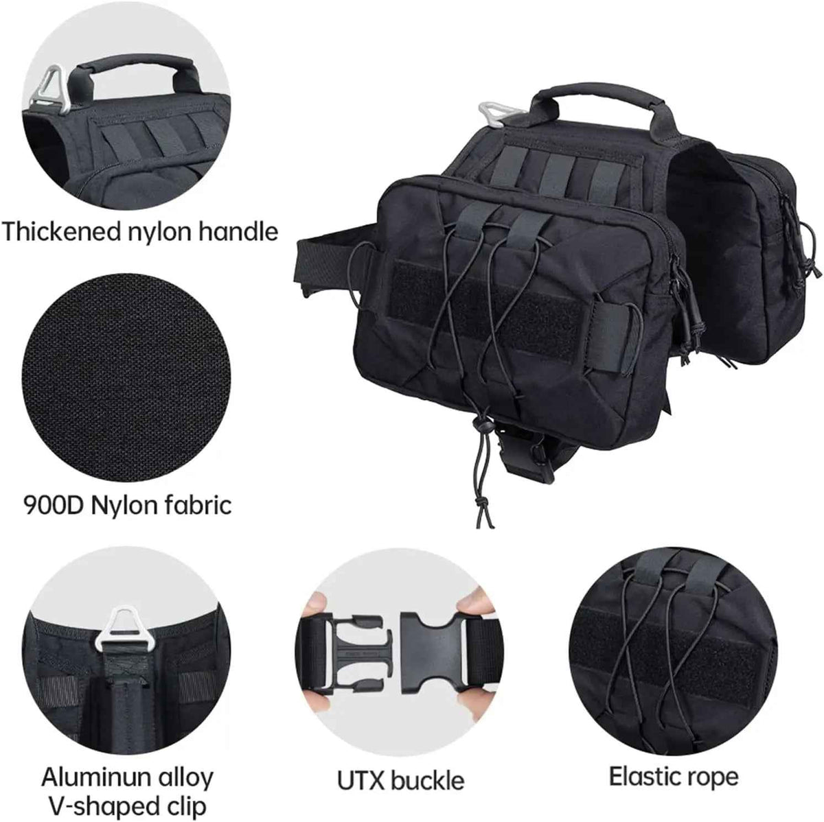 Tactical Dog Backpack Saddle Bag 900D Nylon for Hiking