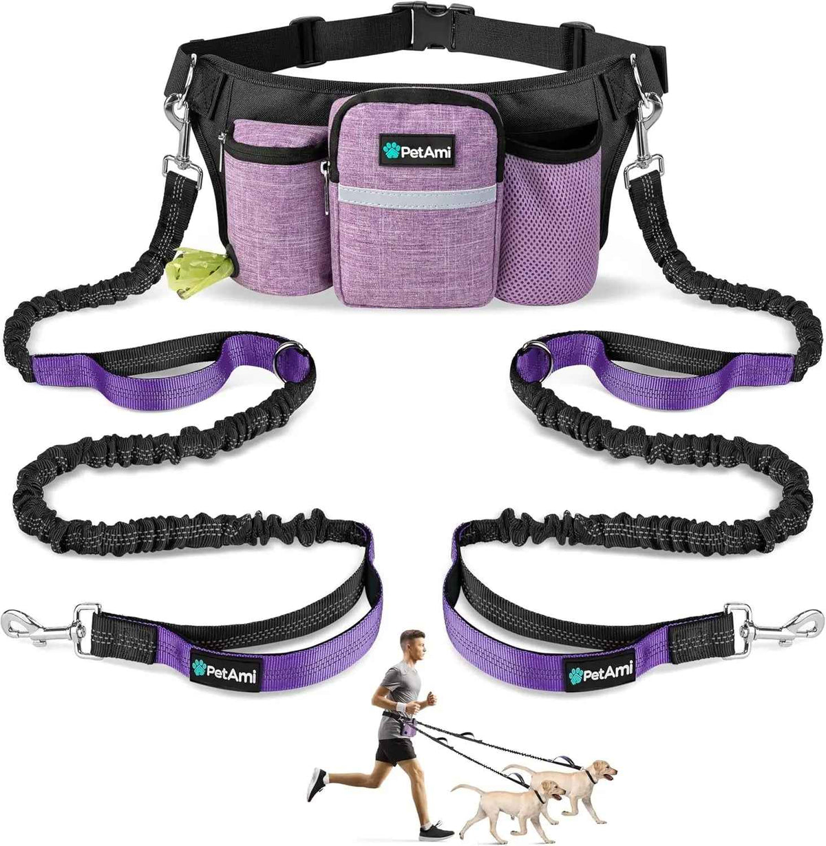 Hands Free Dog Leash Dual Bungee Waist Belt for 2 Dogs