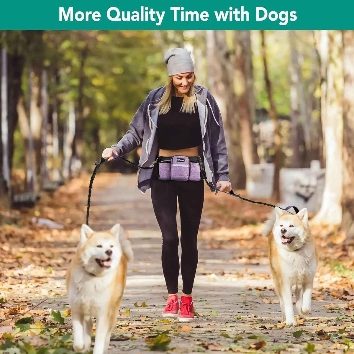 Hands Free Dog Leash Dual Bungee Waist Belt for 2 Dogs