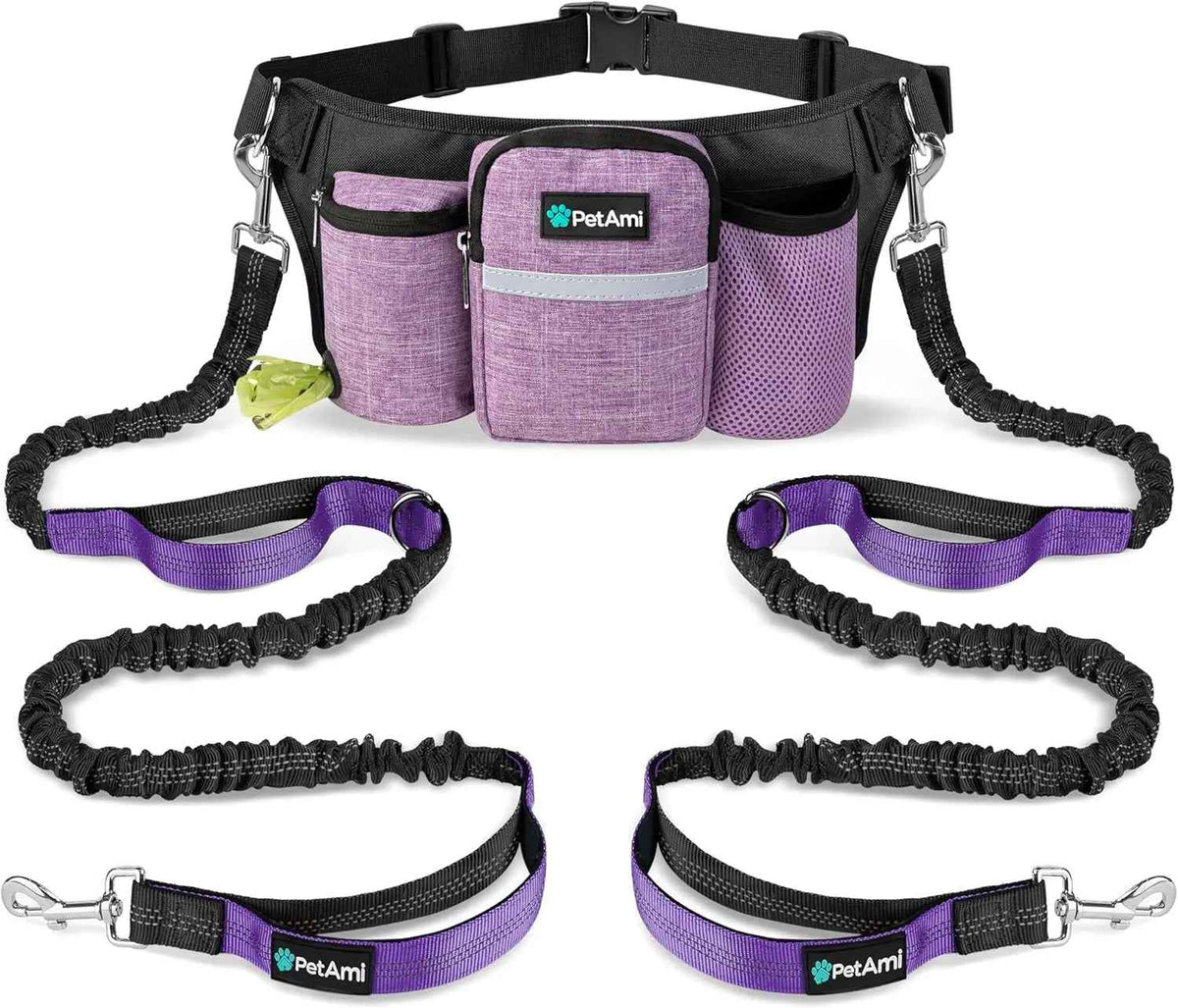 Hands Free Dog Leash Dual Bungee Waist Belt for 2 Dogs