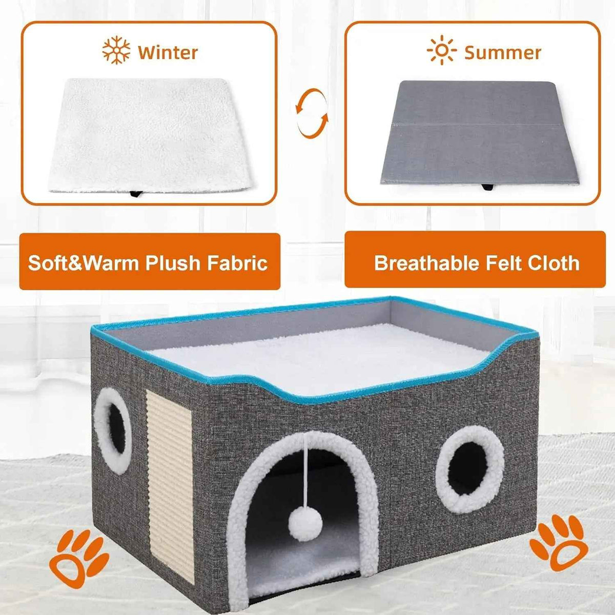 Foldable Indoor Cat House Cube with Scratcher & Toy Ball