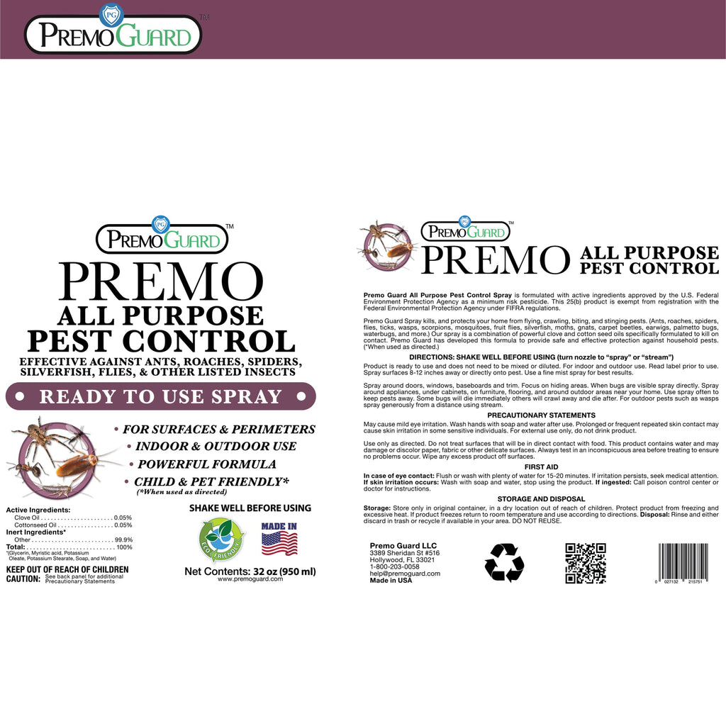 All Purpose Pest Control Spray - 32 oz | Plant Based Natural Non-Toxic | Premo Guard (C)