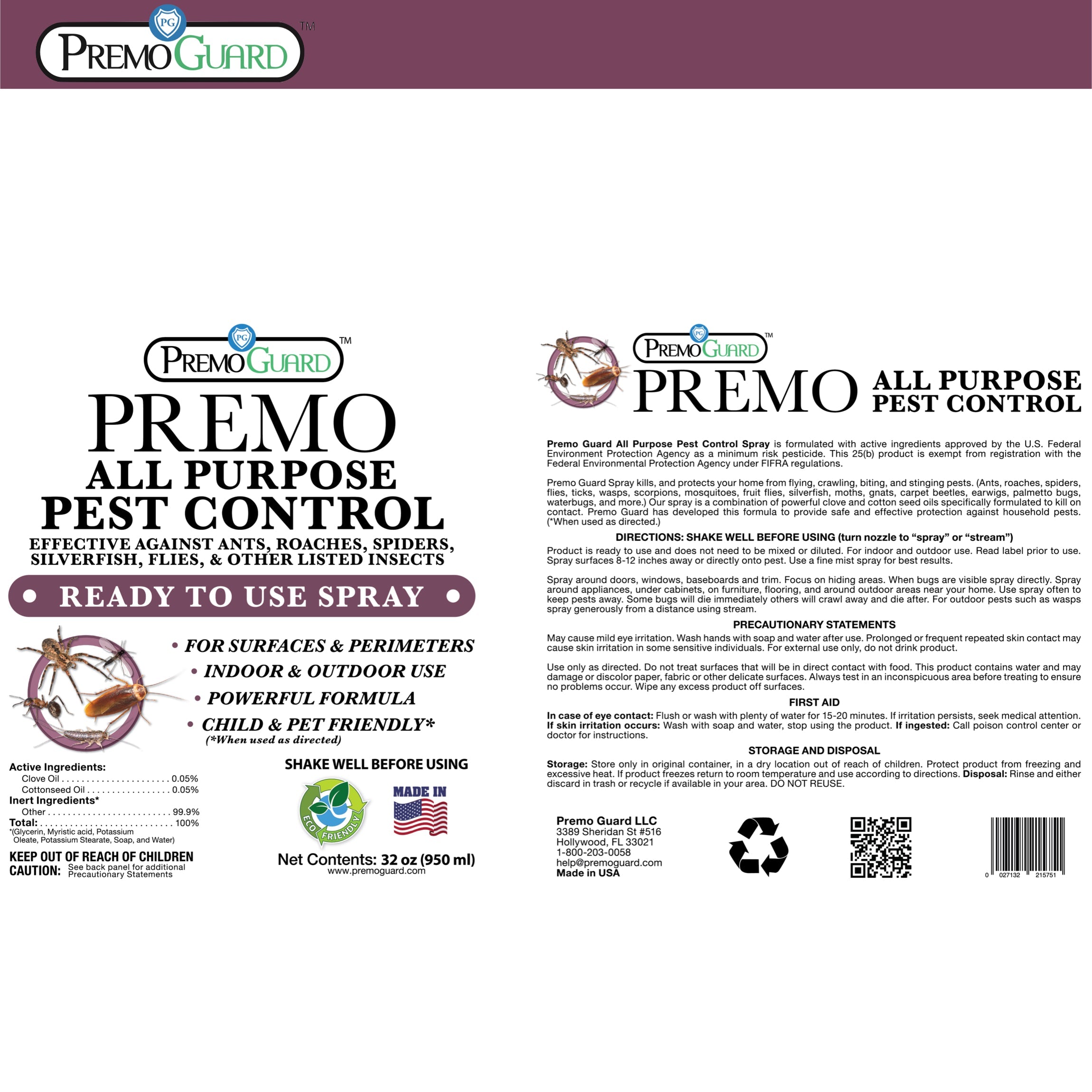 All Purpose Pest Control Spray - 32 oz | Plant Based Natural Non-Toxic | Premo Guard (C)