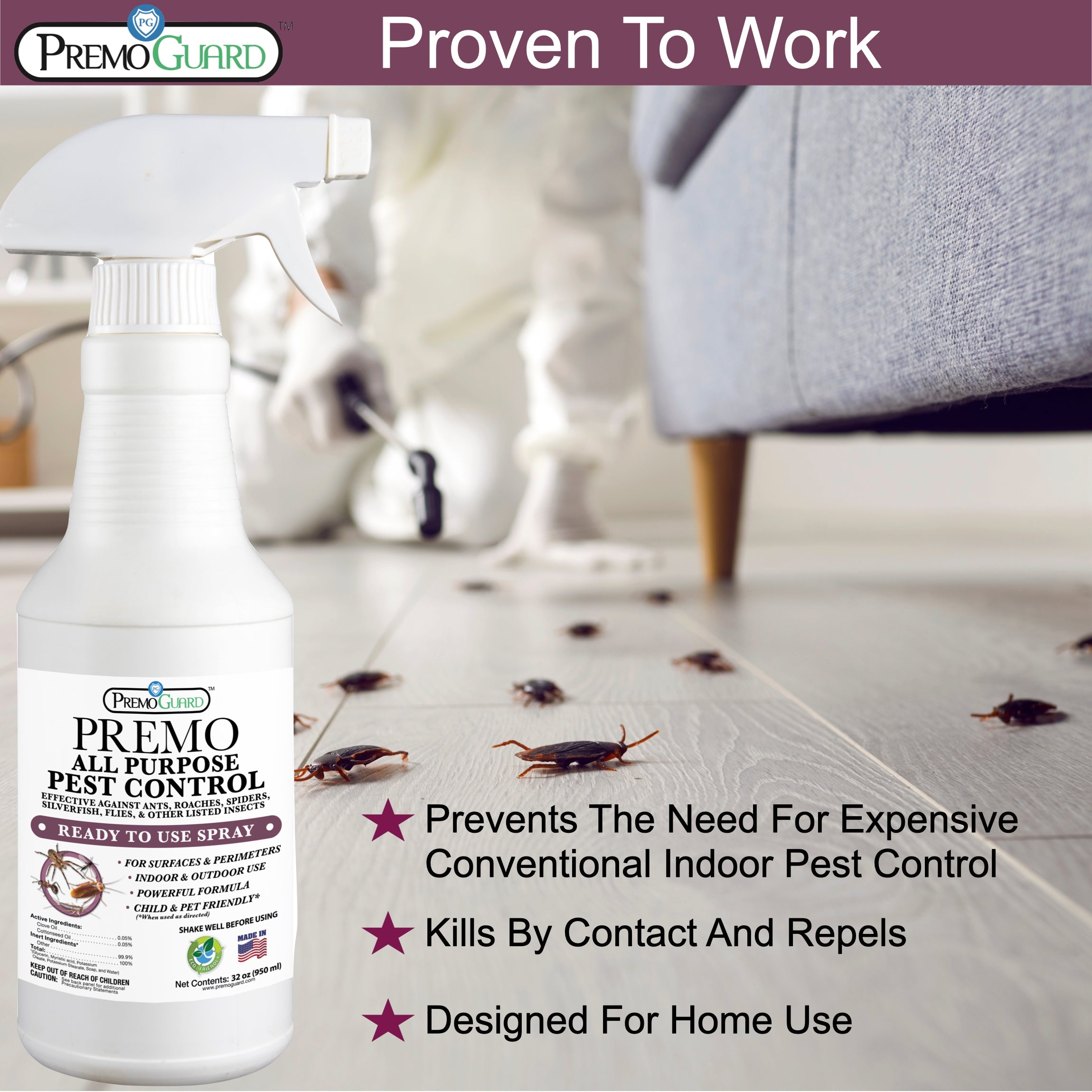 All Purpose Pest Control Spray - 32 oz | Plant Based Natural Non-Toxic | Premo Guard (C)