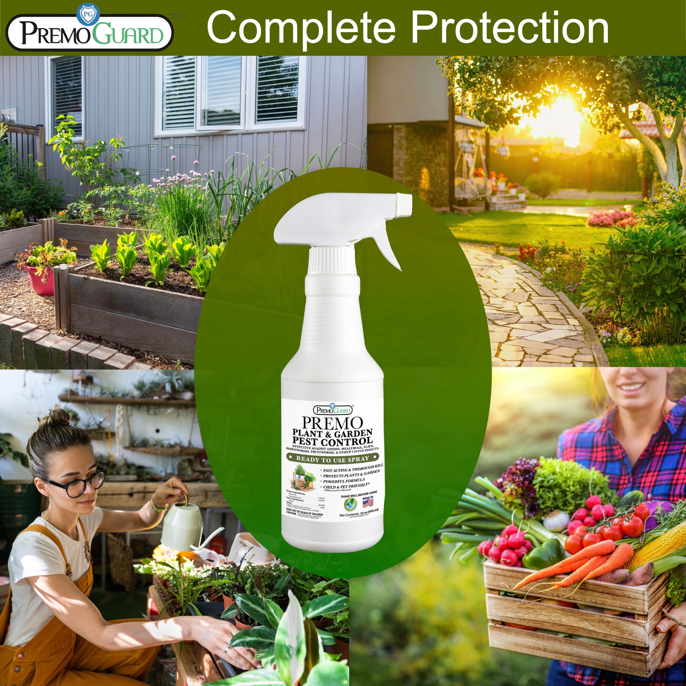 Plant and Garden Pest Control Spray - 32 oz | Plant Based Natural Non-Toxic | Premo Guard (C)