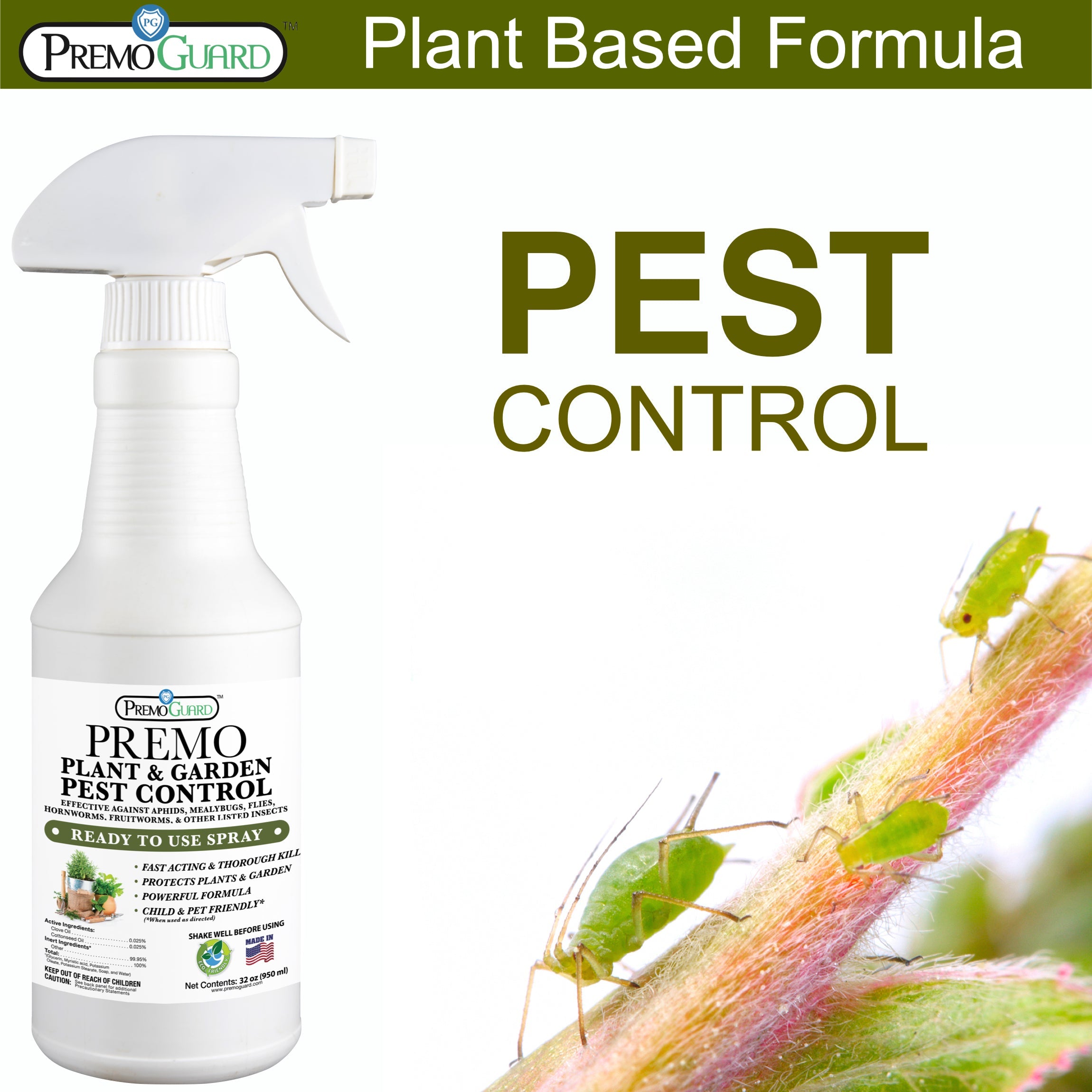 Plant and Garden Pest Control Spray - 32 oz | Plant Based Natural Non-Toxic | Premo Guard (C)