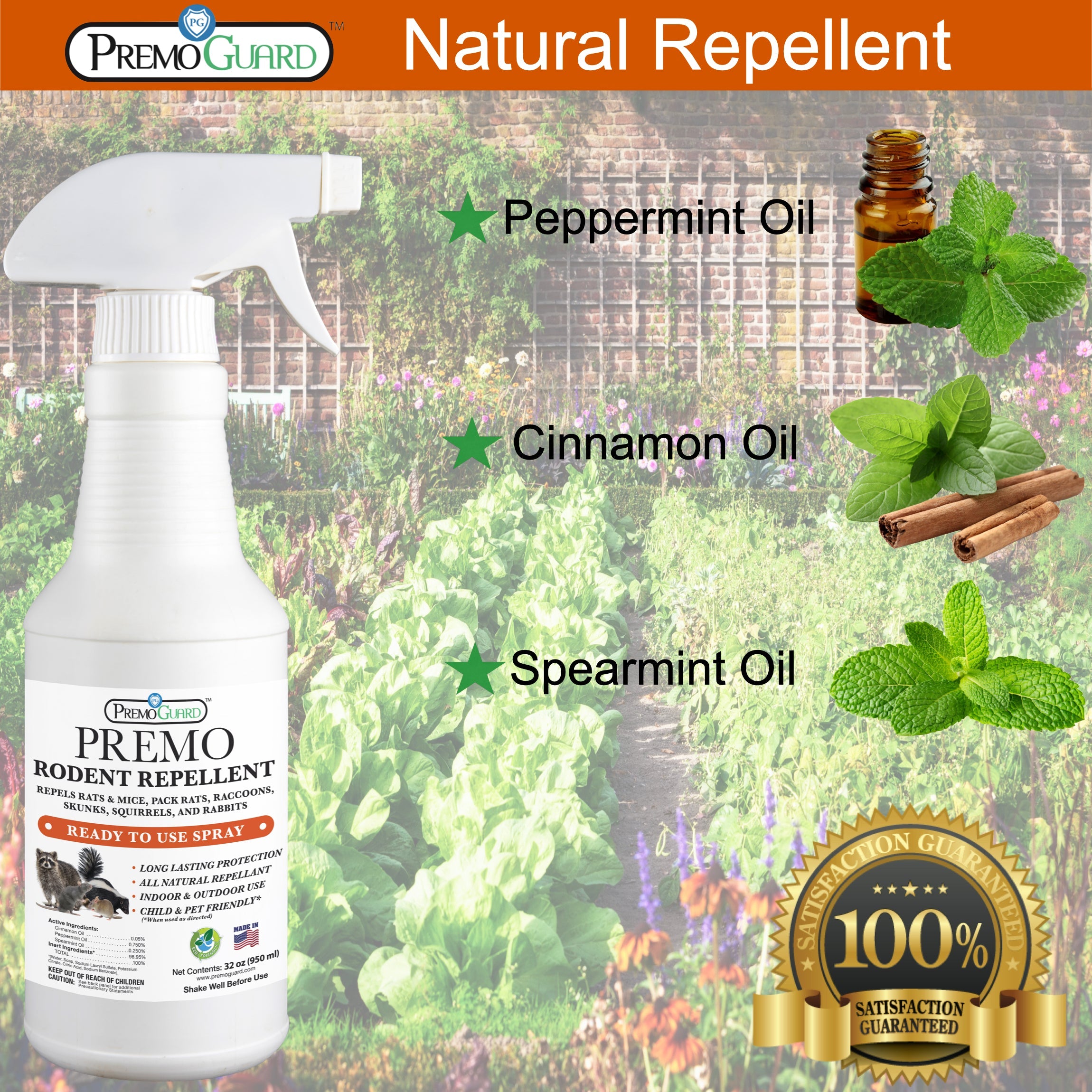 Rodent Repellent Spray - 32 oz | Plant Based Natural Non-Toxic | Premo Guard (C)