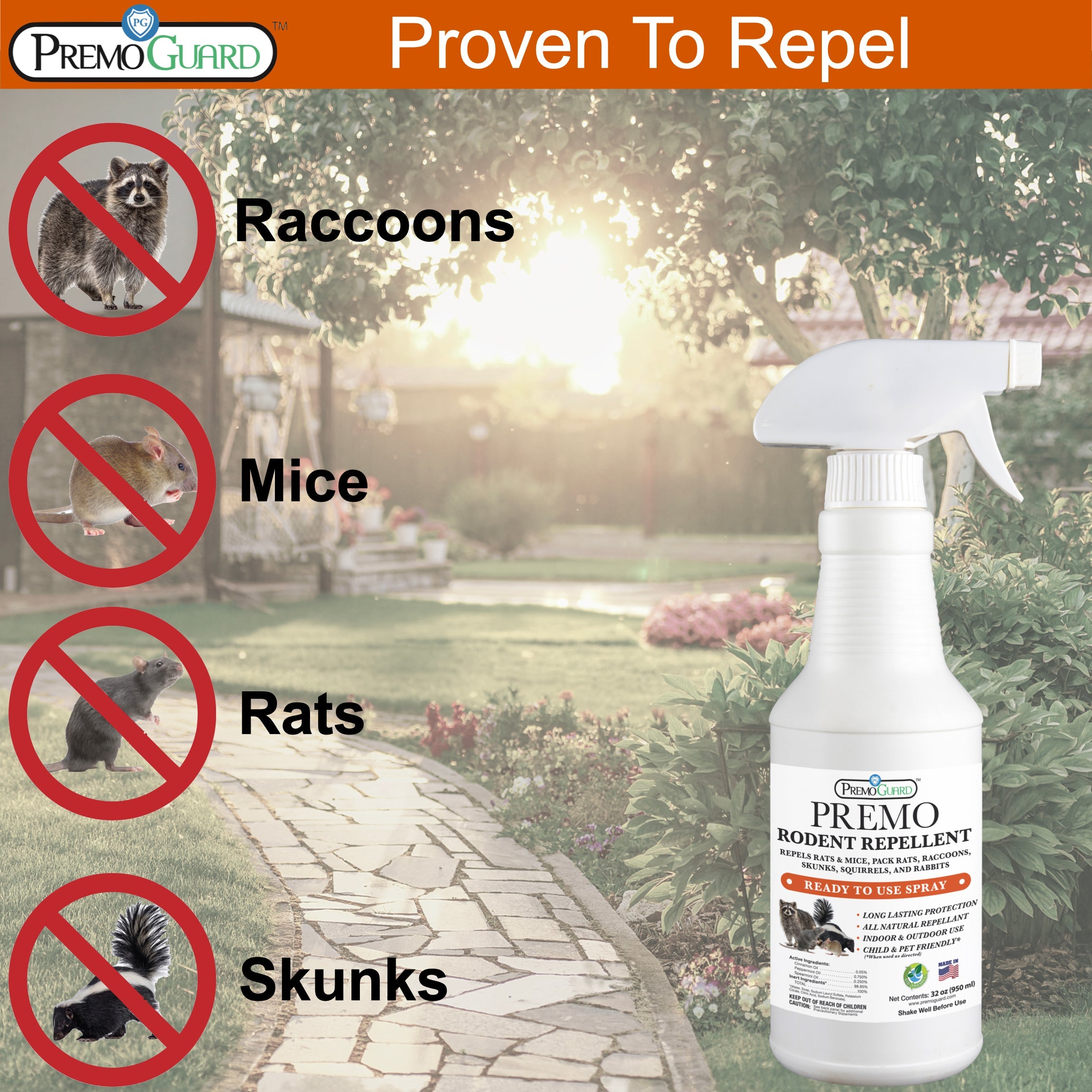 Rodent Repellent Spray - 32 oz | Plant Based Natural Non-Toxic | Premo Guard (C)