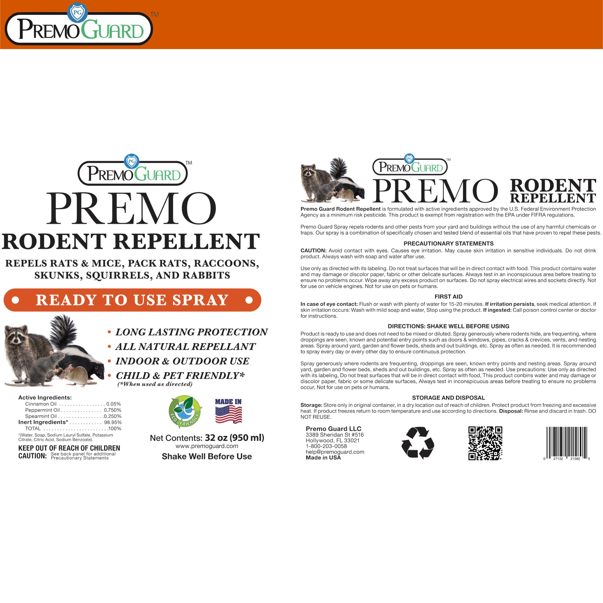 Rodent Repellent Spray - 32 oz | Plant Based Natural Non-Toxic | Premo Guard (C)