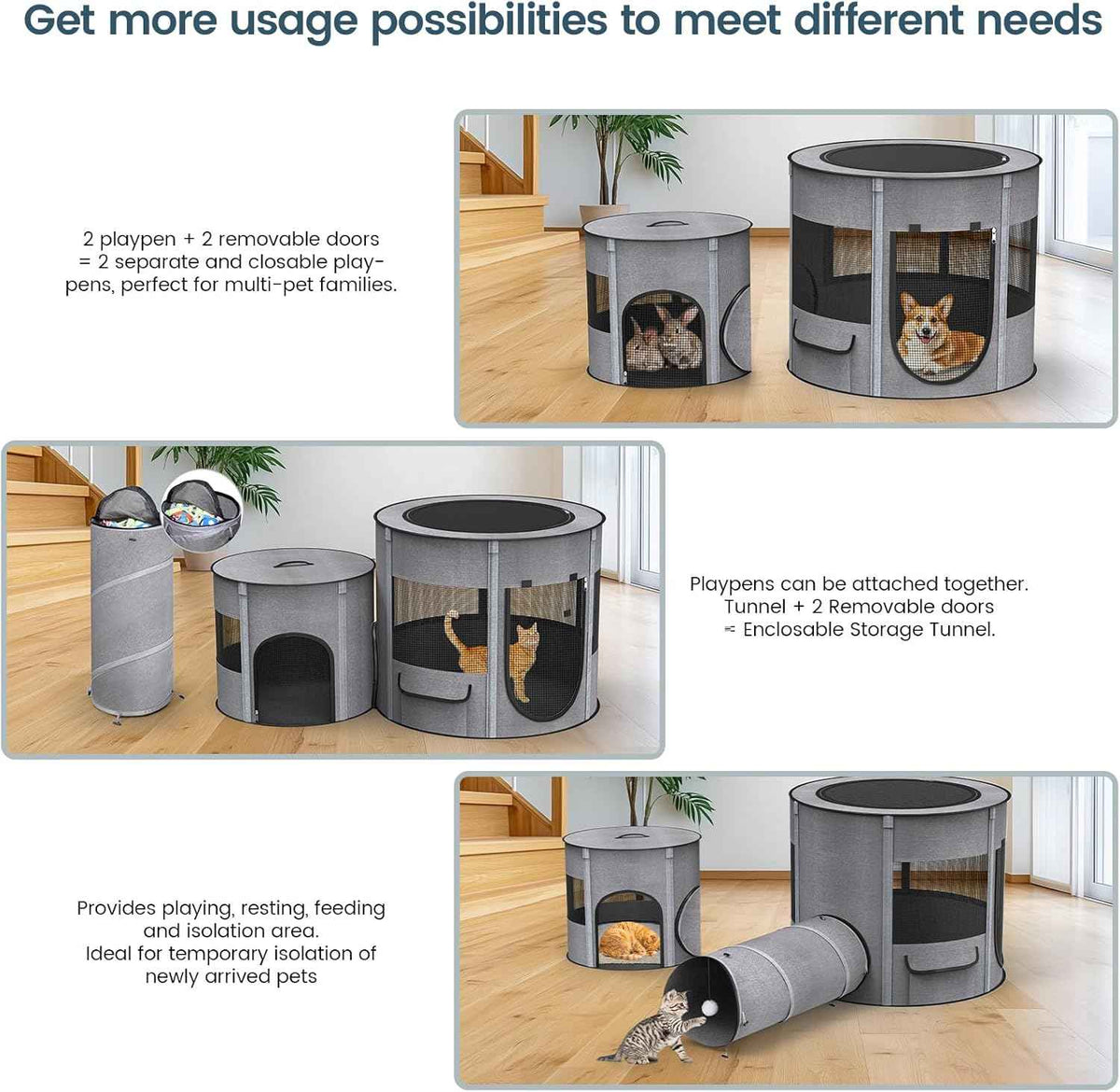 Portable Pet Playpen with Tunnel, Foldable 3-in-1