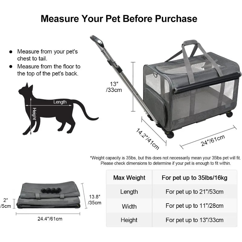Large Pet Rolling Carrier with Wheels for Up To 30 LBS with Flexible Wheels Breathable and Collapsible Carrier for Medium Pets
