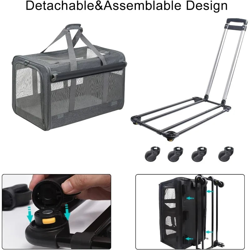 Large Pet Rolling Carrier with Wheels for Up To 30 LBS with Flexible Wheels Breathable and Collapsible Carrier for Medium Pets