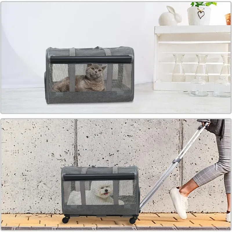 Large Pet Rolling Carrier with Wheels for Up To 30 LBS with Flexible Wheels Breathable and Collapsible Carrier for Medium Pets