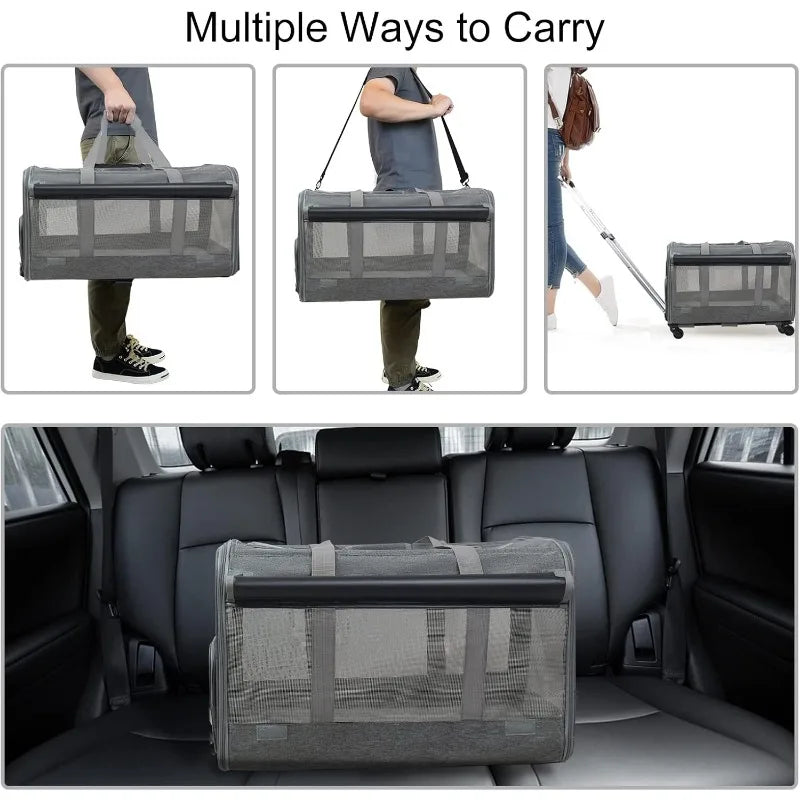 Large Pet Rolling Carrier with Wheels for Up To 30 LBS with Flexible Wheels Breathable and Collapsible Carrier for Medium Pets