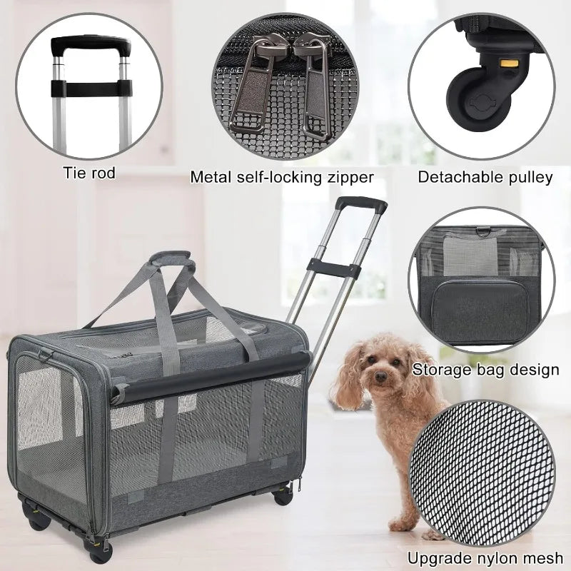 Large Pet Rolling Carrier with Wheels for Up To 30 LBS with Flexible Wheels Breathable and Collapsible Carrier for Medium Pets
