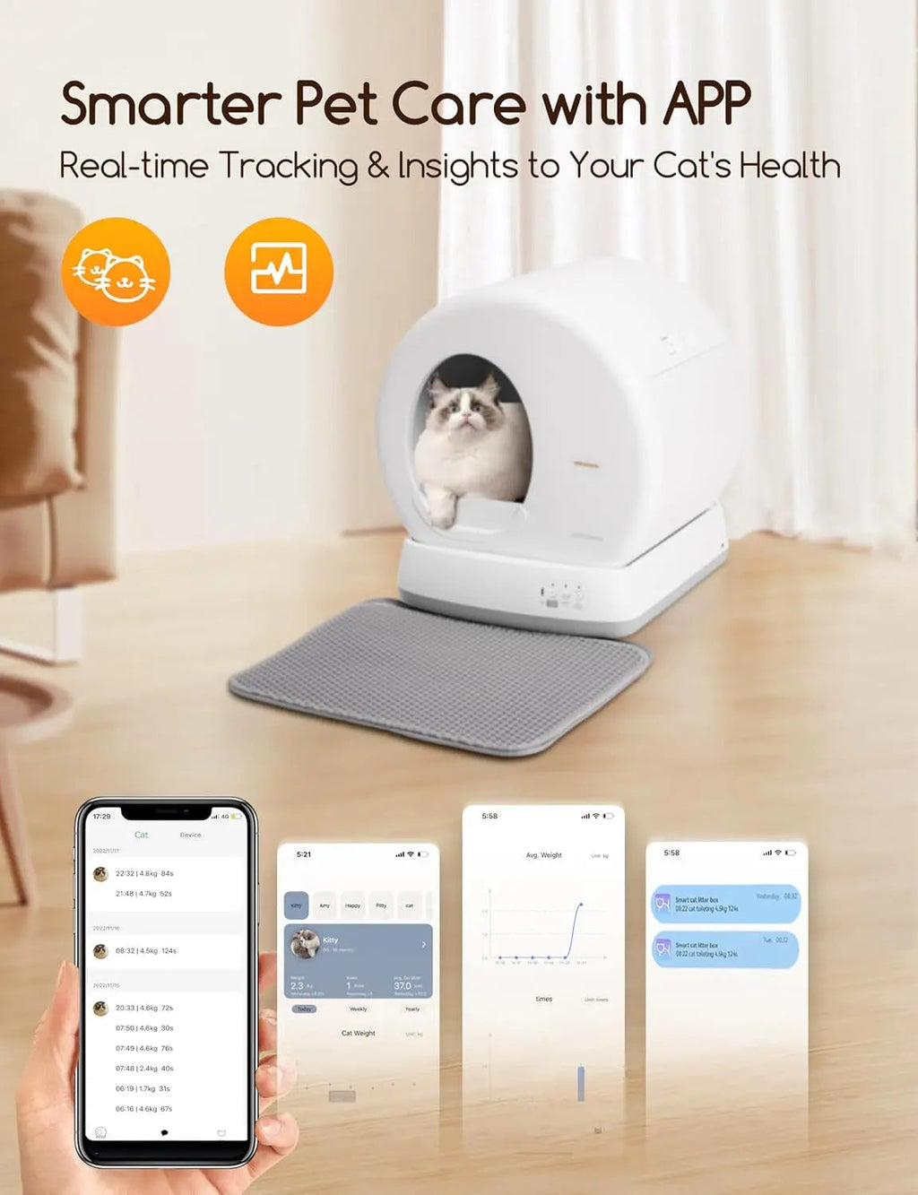 Smart Self-Cleaning Cat Litter Box App Control Odor Removal Large Multi Cat