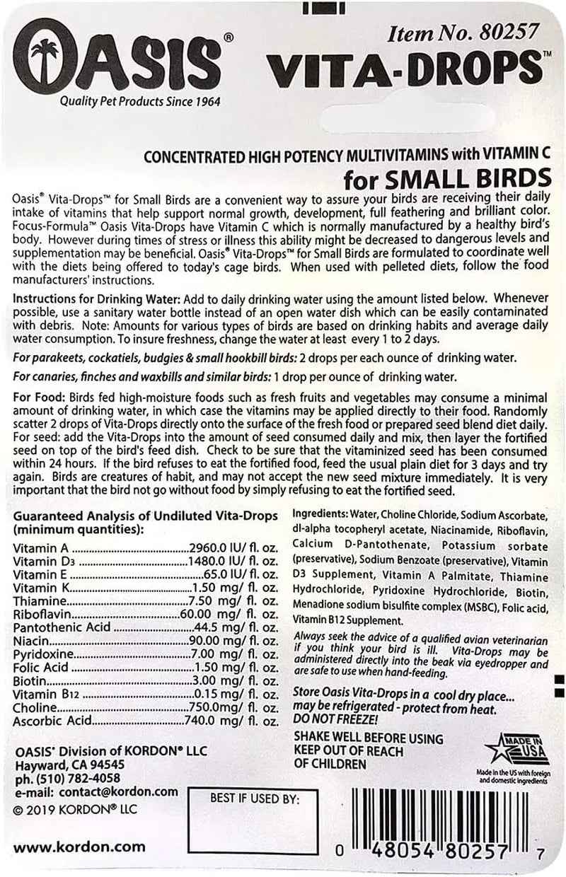 Oasis Vita Drops Liquid Multivitamin for Small Birds – 2 oz