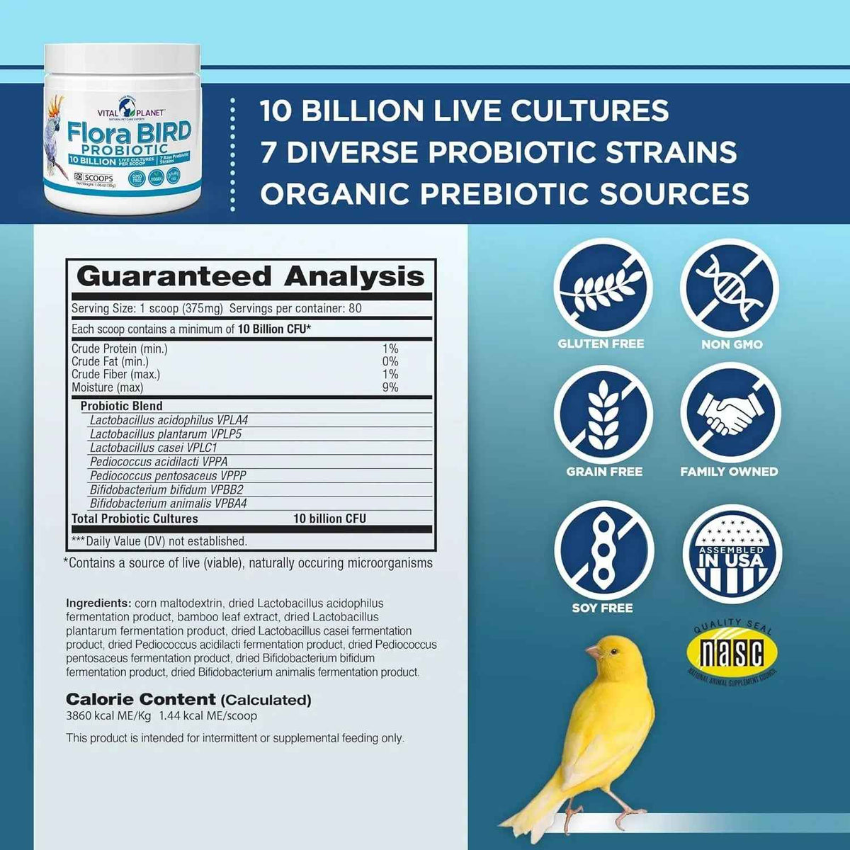 Vital Planet Bird Probiotic Powder 10 Billion CFU, 7 Strains