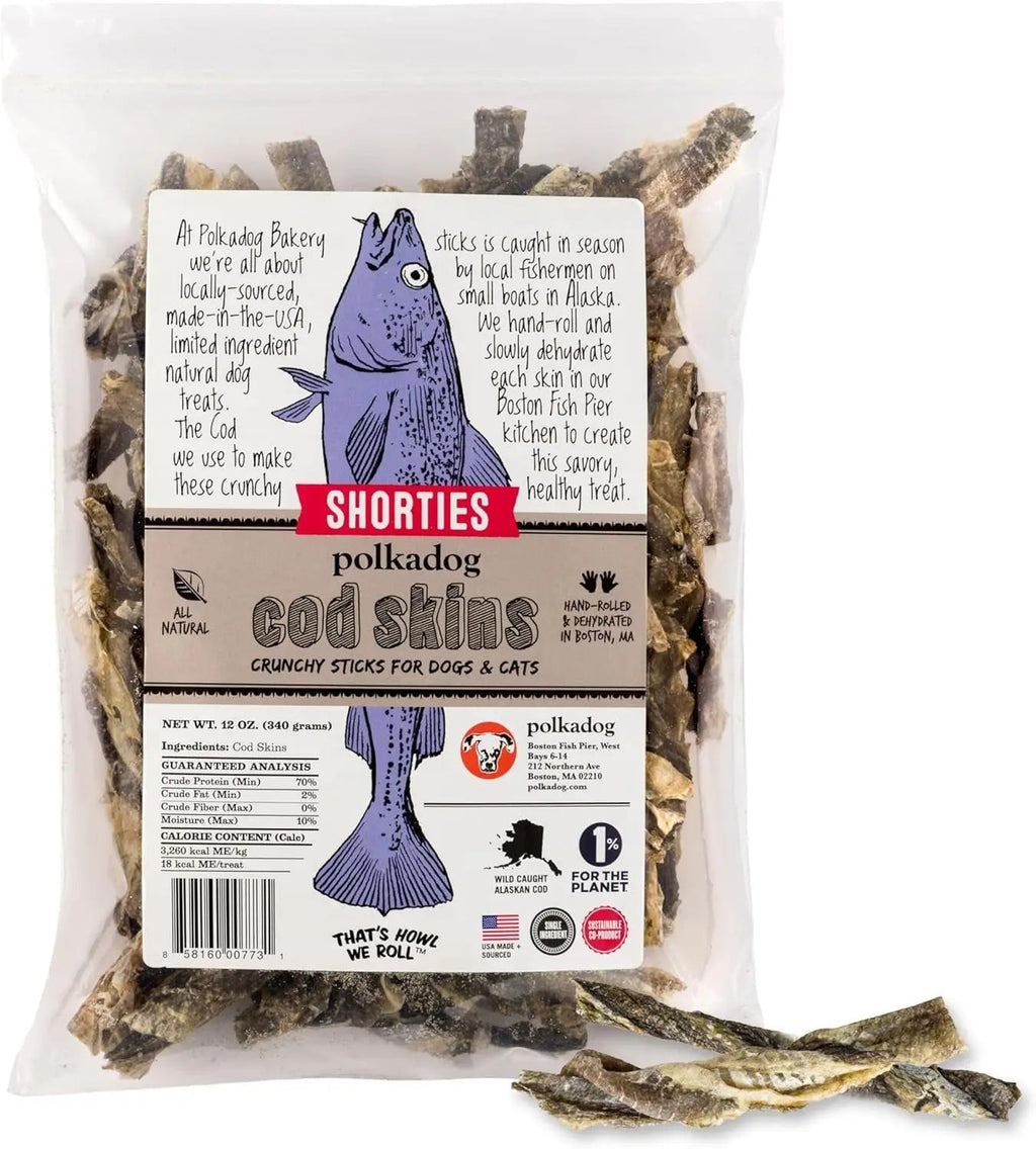 Wild Caught Cod Skins Dog Treats 4.7oz Single Ingredient USA Made