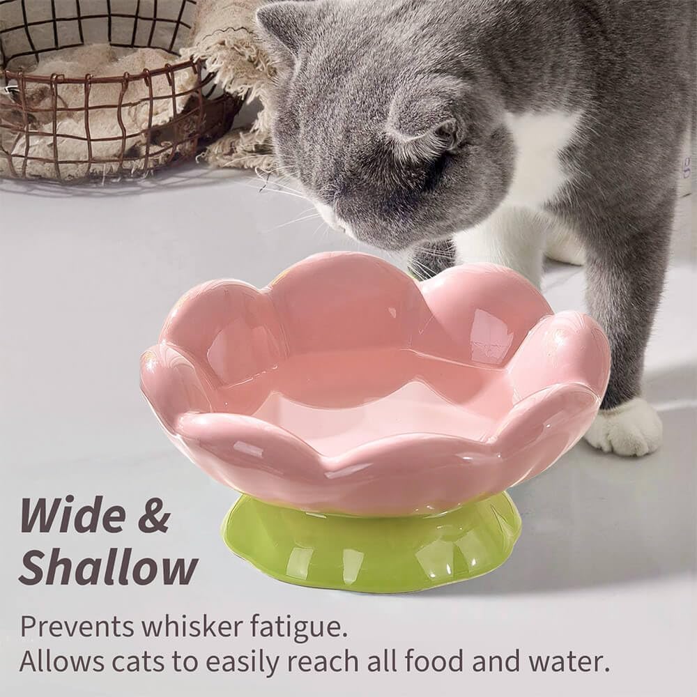 Ceramic Raised Cat Bowl Shallow Wide, Anti-Vomiting And Whisker Fatigue, Non-Slip, Tilted Cute Flower Cat Food And Water Bowls For Indoor Cats, Pink