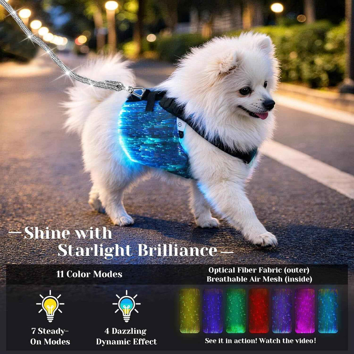 LED Fiber-Optic Dog Harness – Remote Control, Small
