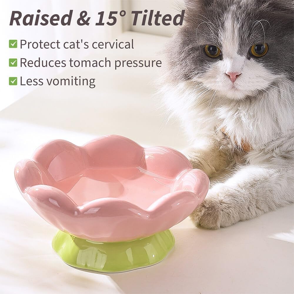 Ceramic Raised Cat Bowl Shallow Wide, Anti-Vomiting And Whisker Fatigue, Non-Slip, Tilted Cute Flower Cat Food And Water Bowls For Indoor Cats, Pink