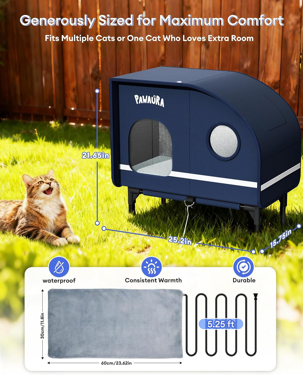 Weatherproof Heated Cat House – Insulated, Dark Blue, L