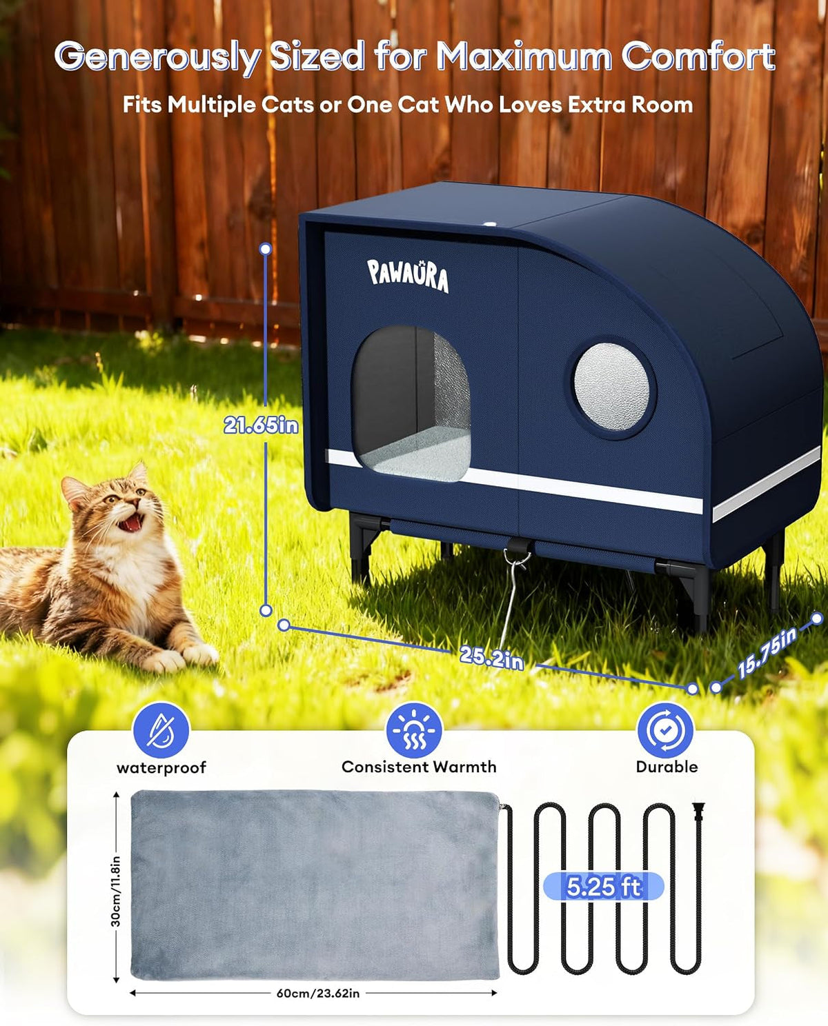 Weatherproof Heated Cat House – Insulated, Dark Blue, L